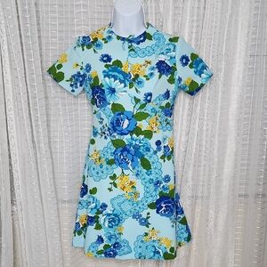 Vintage Midcentury 60's Disco Groovy Blue Floral Print Polyester Mini Dress SzS